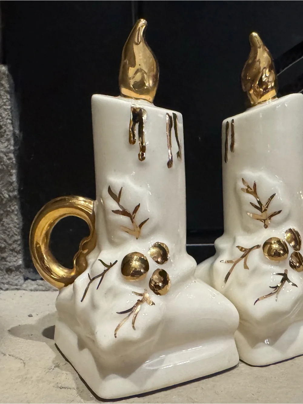 Vintage 1950‘s Christmas Candle Salt & Pepper Shakers Gold & White Ceramic